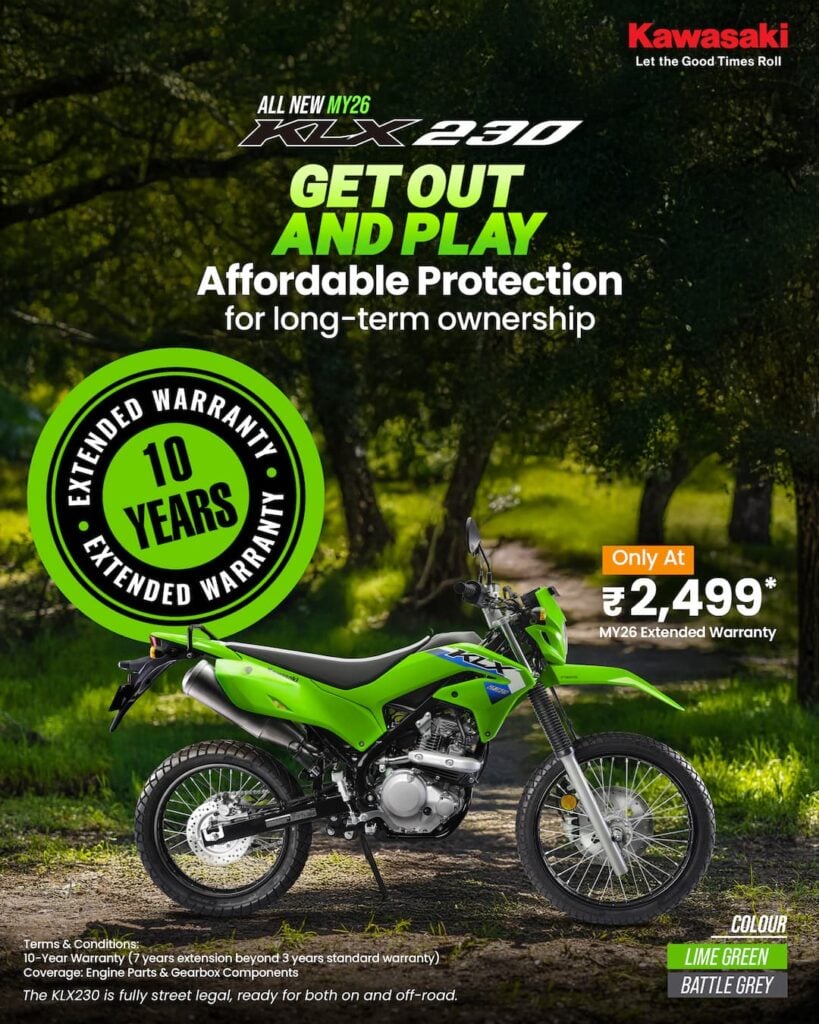 Kawasaki KLX230 Gets 10-Year Extended Warranty for ₹2,499